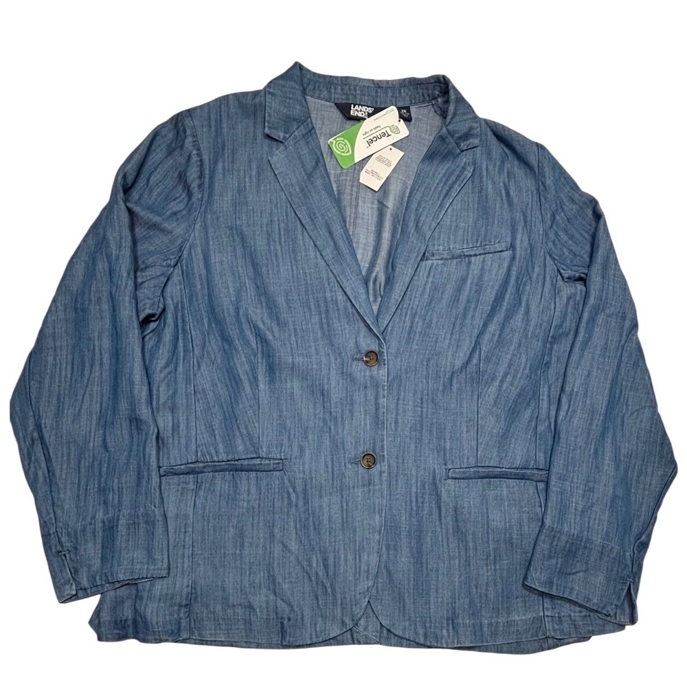 Lands End Womens 2X Blue Tencel Lyocell Chambray Blazer Jacket‎ NWT 20W-22W